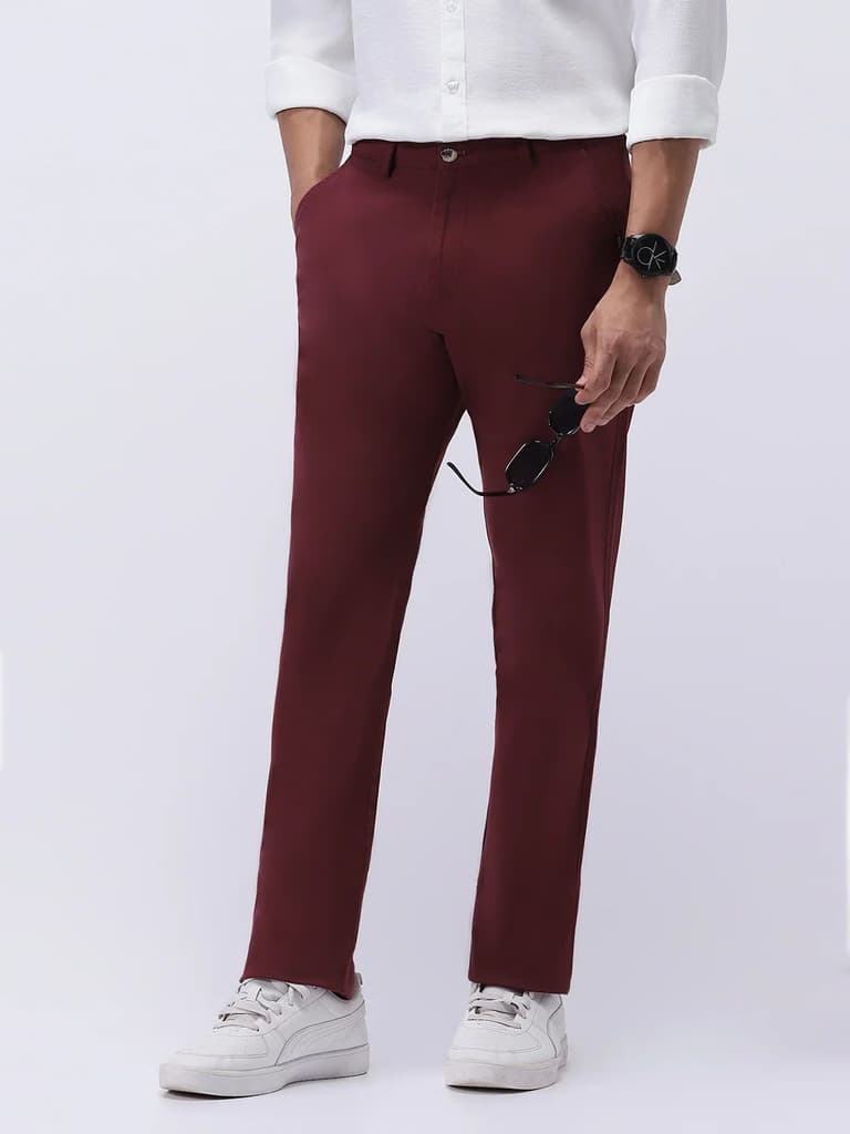 Men's Dark Maroon Cotton Regular Fit Casual Chinos Trousers Stretch — photo 2