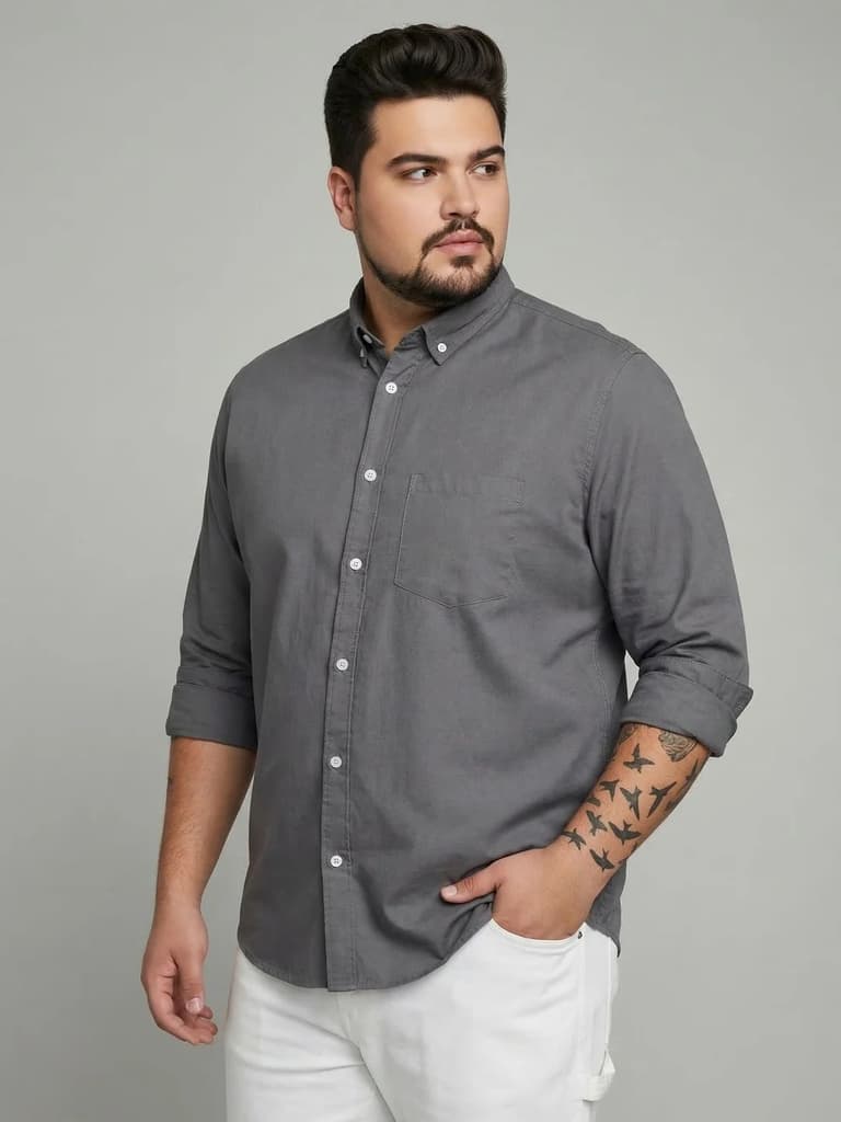 Plus Men's Grey Cotton Full Sleeve Regular Fit Solid Oxford Shirt With Button-Down Collar — photo 2