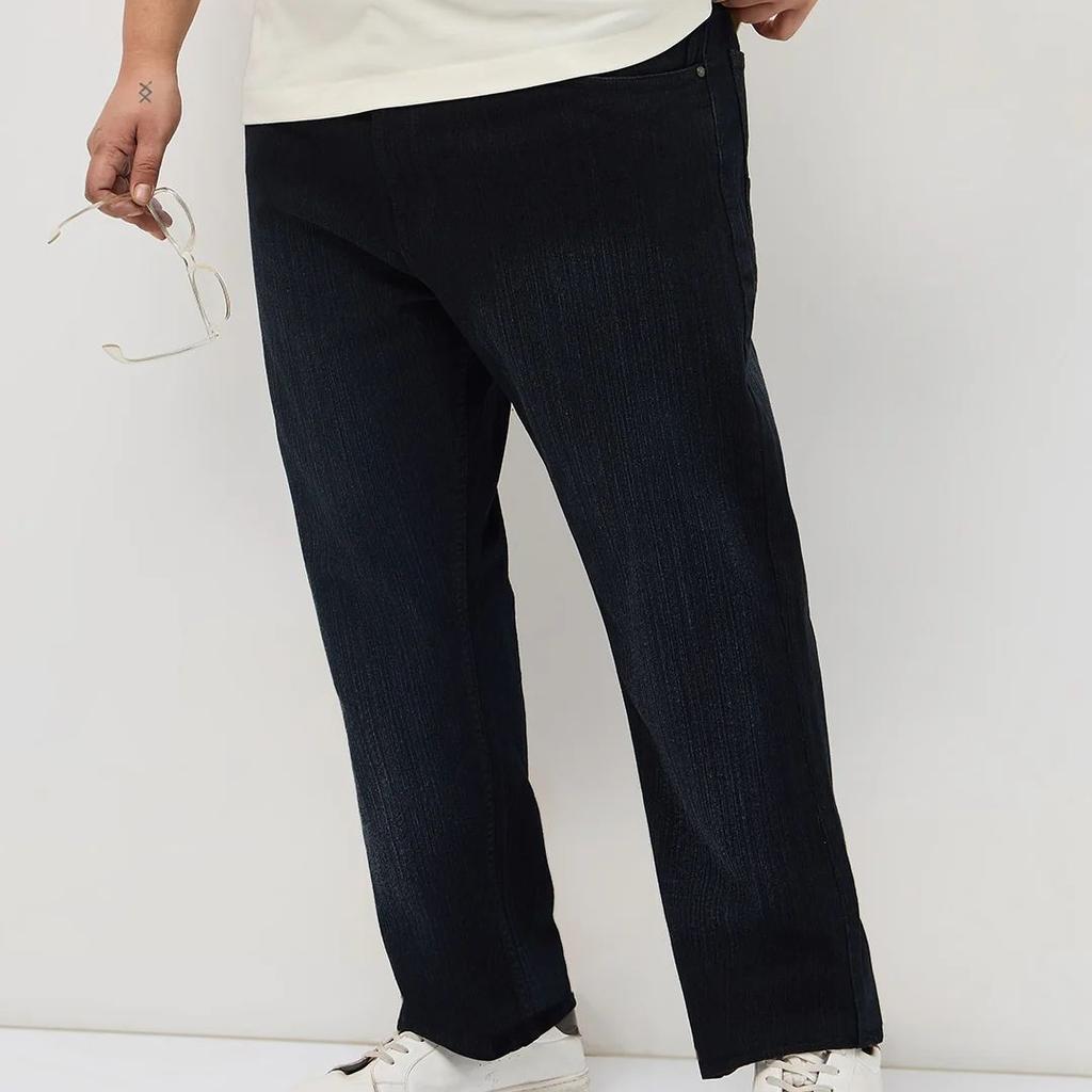 Plus Men's Black Straight Fit Washed Denim Jeans Stretchable