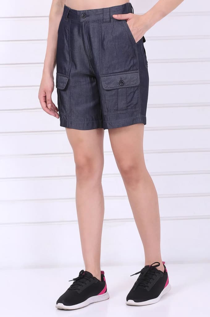 Blue Solid Mid Thigh Linen Shorts with YKK Zipper — photo 3