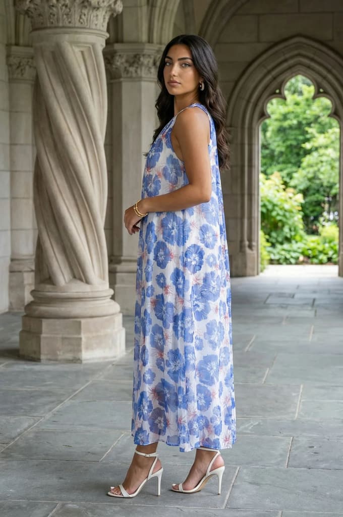 Blue Floral Printed Sleeveless Chiffon A-line Dress — photo 4