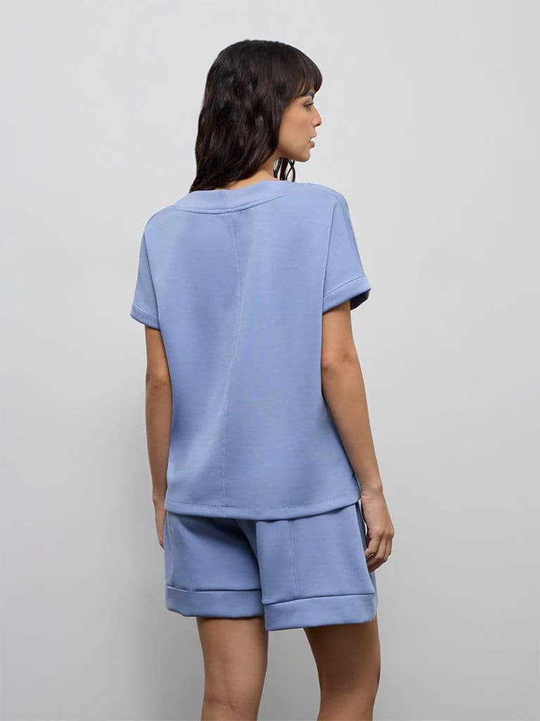 Wunderlove Dusty Blue Solid V-Neck Top — photo 4