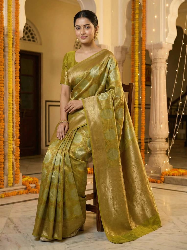 MIMOSA Women's Woven Design Kanjivaram Style Art Silk Saree with Blouse Piece - Olive ( SA00002246OLFREE ) — photo 4