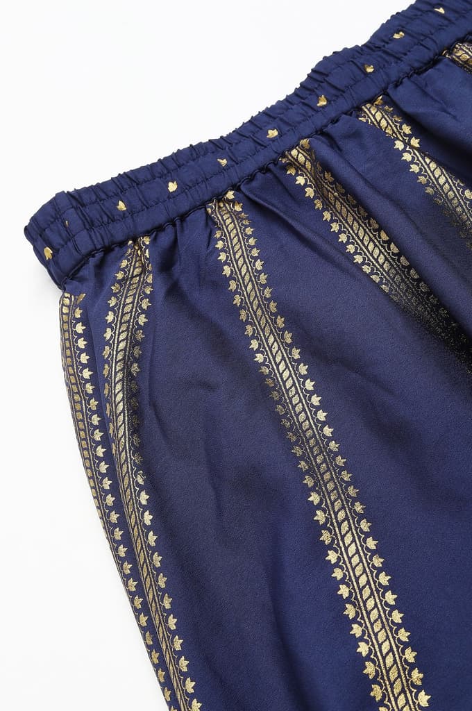 Navy Blue Floral Printed Flared Woven Skirt With Elasticated Waist — photo 7