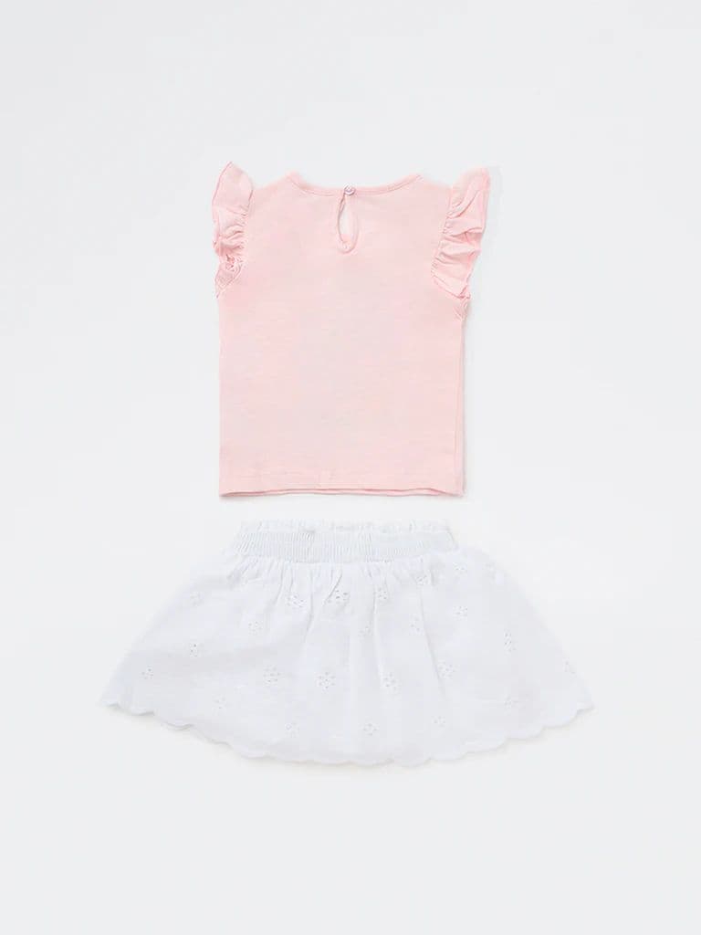 HOP Baby Girls Pink Floral Design Cotton Top and Skirt Set — photo 3