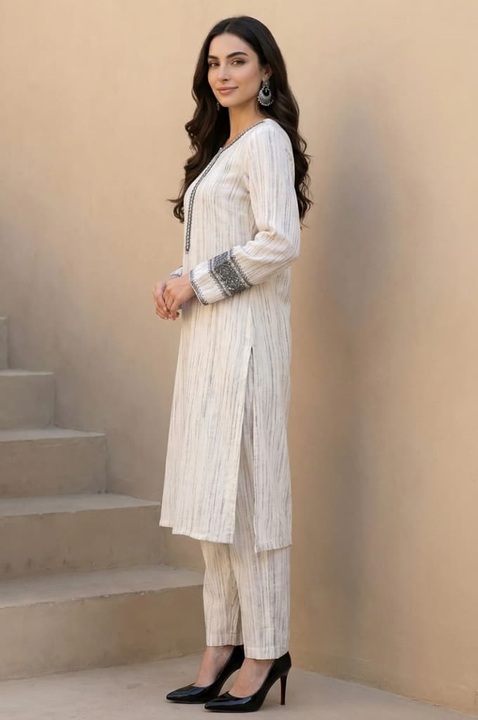 Off White Striped Rayon Blend Winter Straight Kurta with Pants Set — photo 5