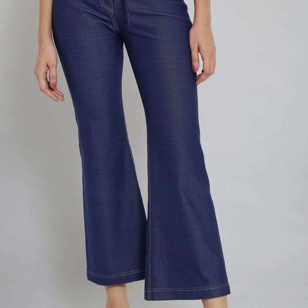 Navy Blue Solid Boot Cut Denim Pants With Waist Belt