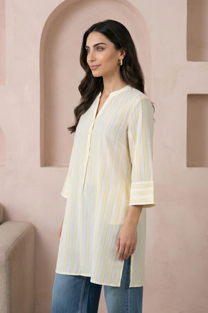 Off White and Yellow Striped Pure Cotton Straight Tunic — photo 4