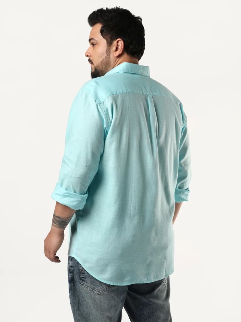 Plus Men's Sky Blue Linen Blend Full Sleeve Relaxed Fit Casual Solid Shirt — photo 4