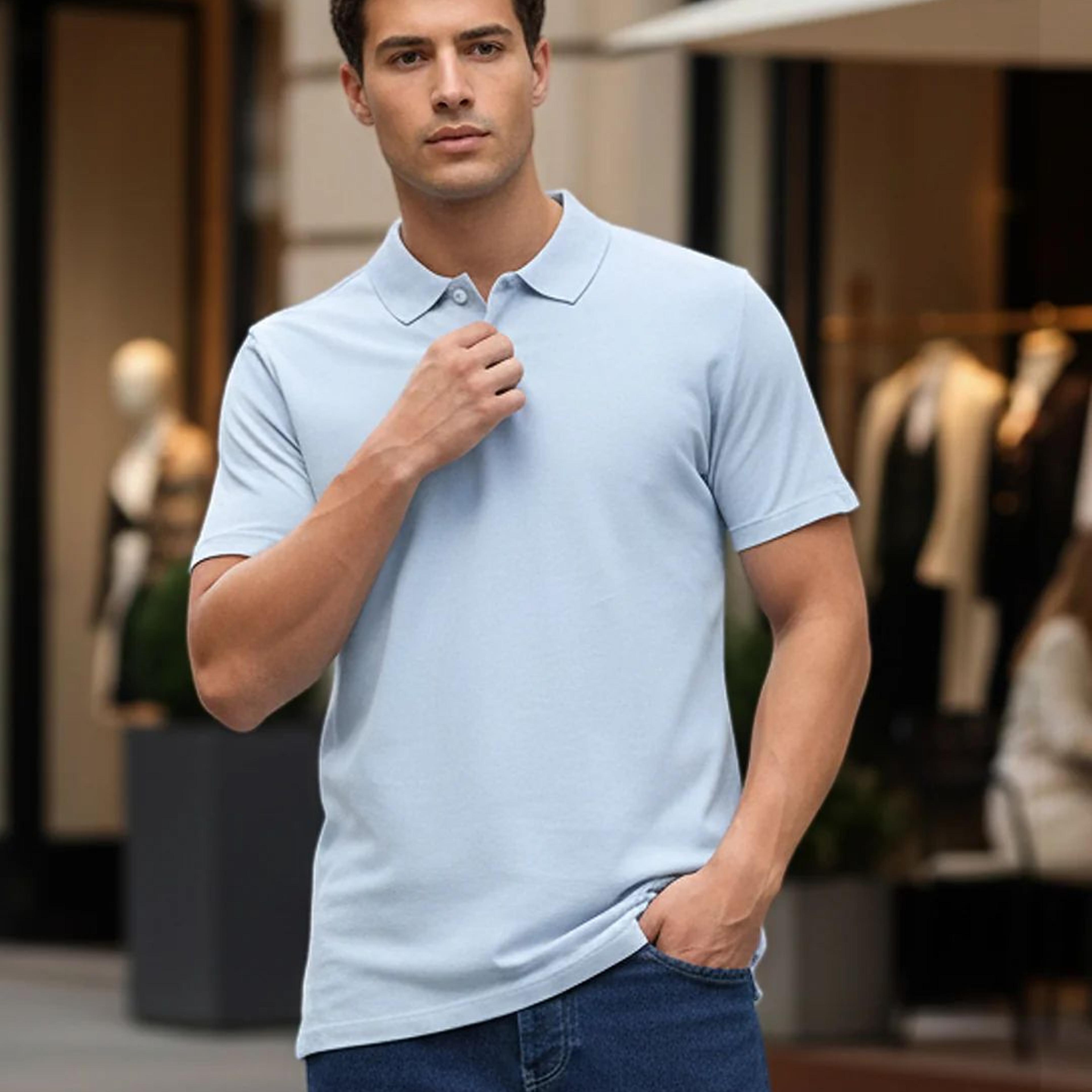 Men's Light Sky Blue Solid Regular Fit Half Sleeve Cotton Polo T-Shirt