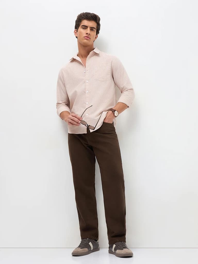 Men's Dark Brown Loose Baggy Fit Washed Denim Jeans Non-Stretchable — photo 4