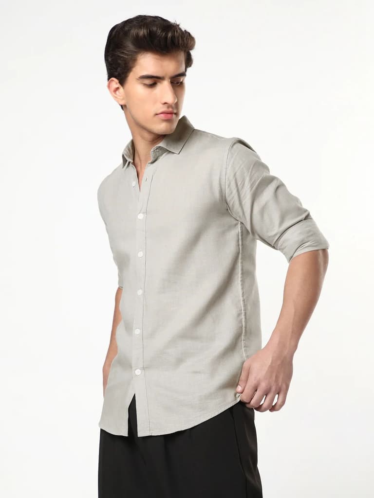 Men's Grey Linen Blend Full Sleeve Relaxed Fit Casual Solid Shirt — photo 2