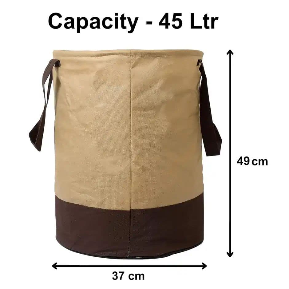 Kuber Industries Foldable Bin & 45 Liter Waterproof Round Non Wovan Laundry Bag (Beige & Brown) — photo 3