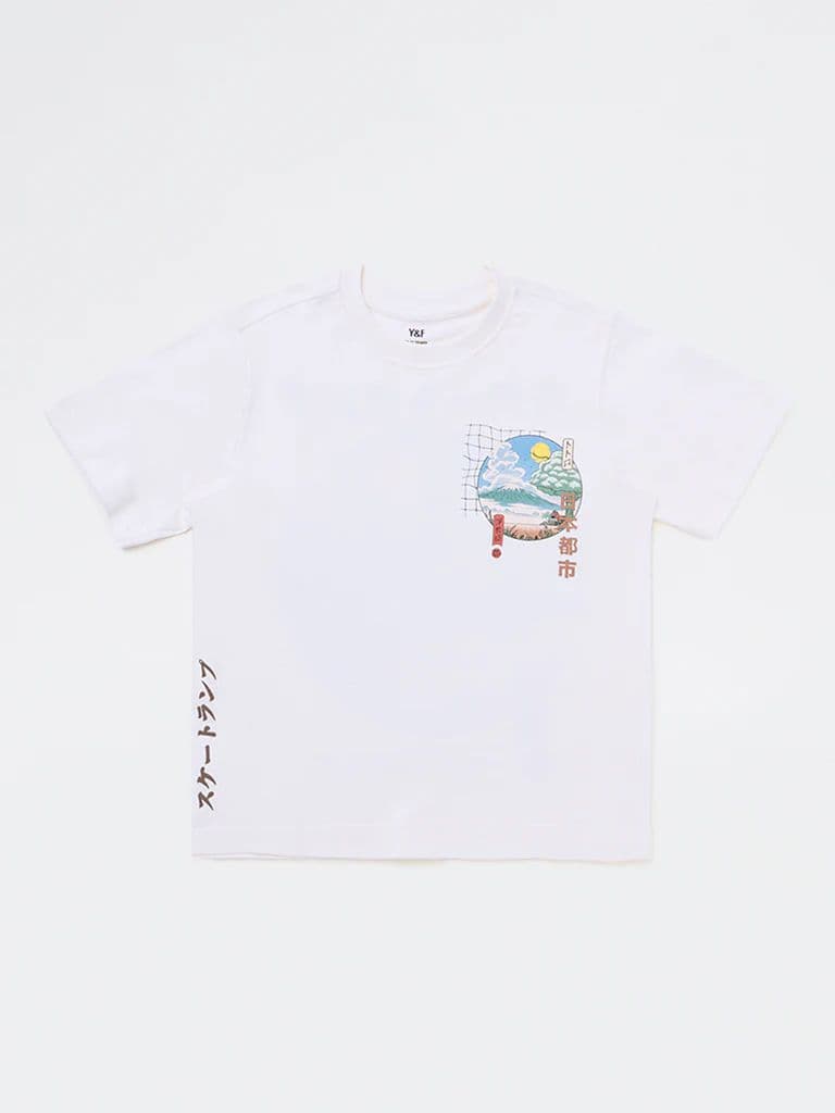 Y&F Kids Boys Off-White Scenic-Inspired Cotton T-Shirt — photo 3