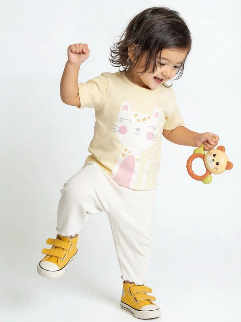 HOP Baby Girls Multicolour Printed Cotton T-Shirt and Pants Set