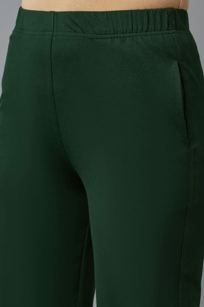 Dark Green Solid Flared Cotton Pants With Elasticated Waist — photo 6