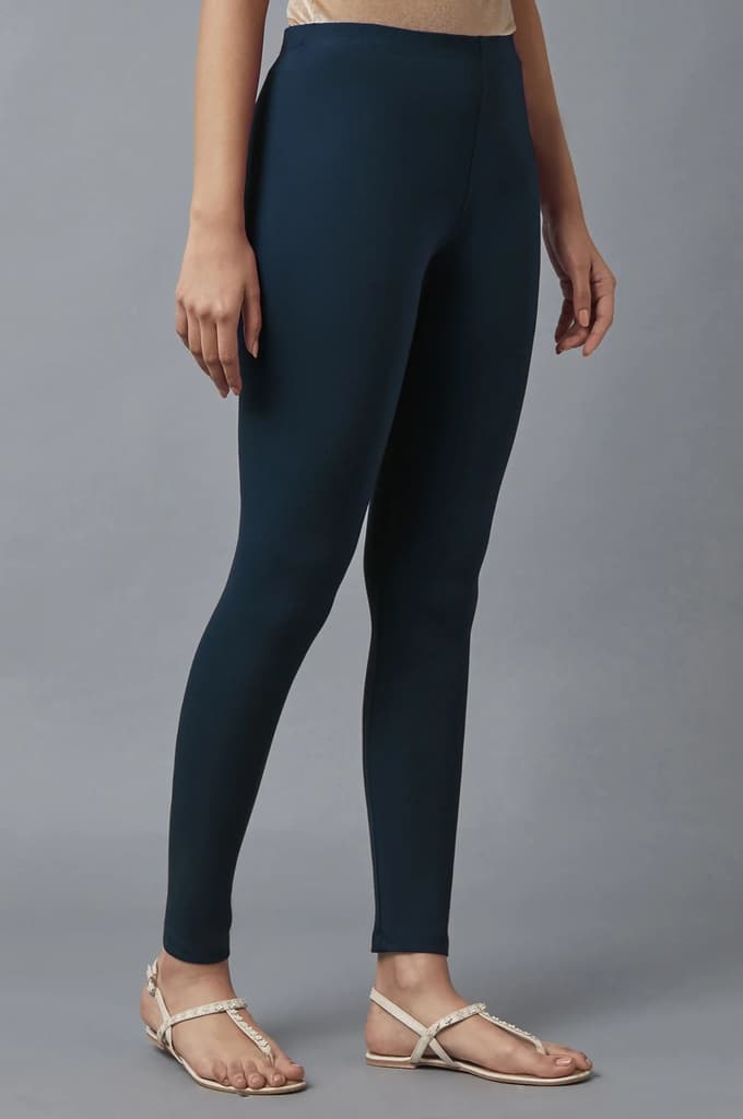 Navy Blue Solid Skinny Fit Cotton Tights With Elasticated Waist — photo 4