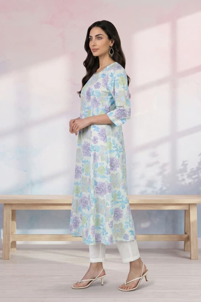 Off White Floral Printed Cotton Flax A-line Kurta — photo 4