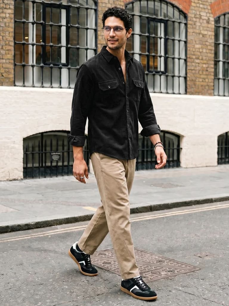 Men's Black Corduroy Full Sleeve Regular Fit Solid Overshirt with Utility Pockets — photo 4