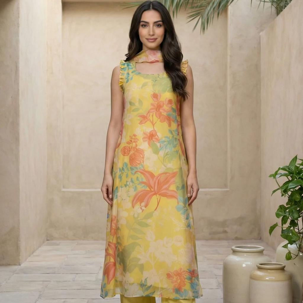 Yellow Floral Printed Straight Kurta with Flared Pant and Dupatta Set