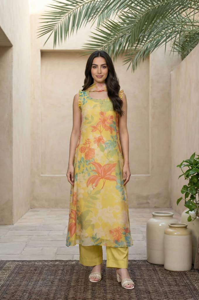 Yellow Floral Printed Straight Kurta with Flared Pant and Dupatta Set — XS