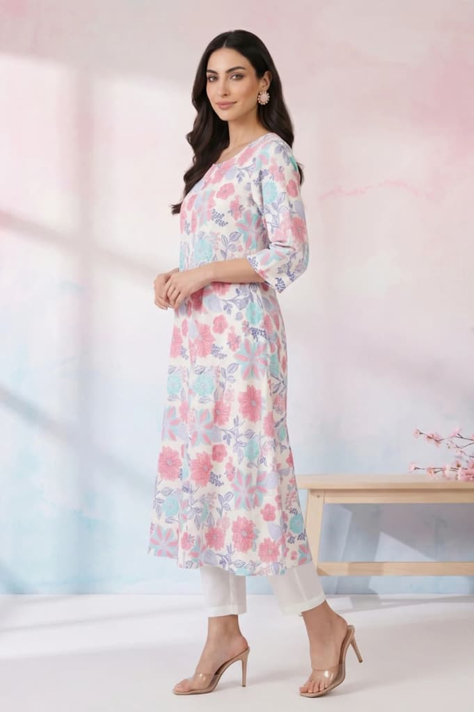 White Floral Printed Cotton Flax Flared Kurta — photo 4
