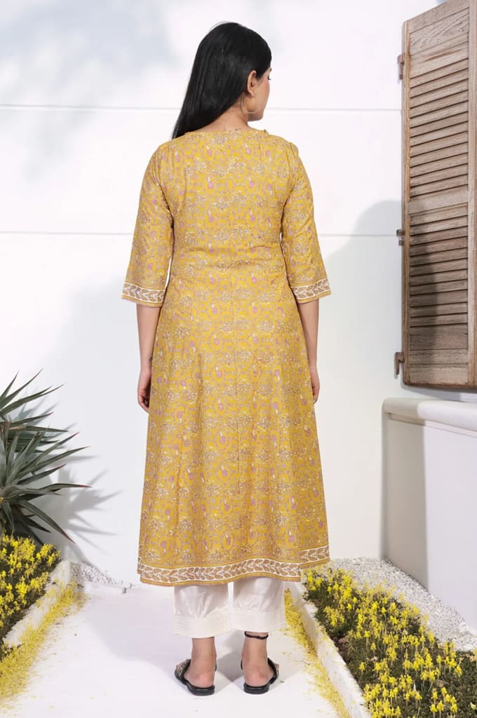 Mustard Floral Printed Rayon A-Line Kurta with Straight Pant — photo 5