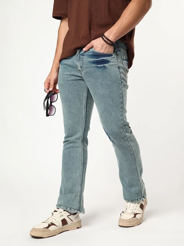 Men's Ice Blue Bootcut Fit Mid Rise Acid Wash Jeans Stretchable — 28 / Ice Blue