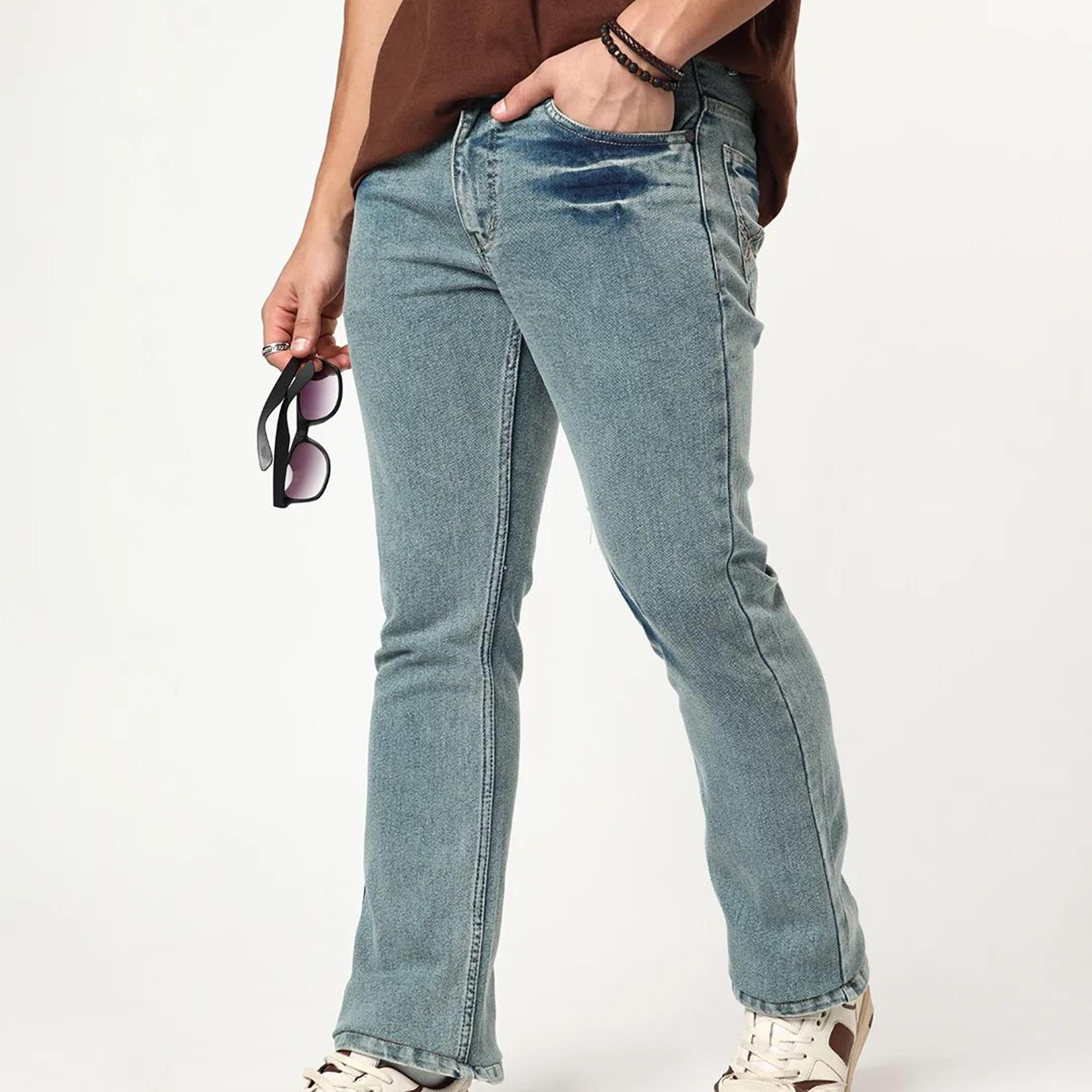 Men's Ice Blue Bootcut Fit Mid Rise Acid Wash Jeans Stretchable