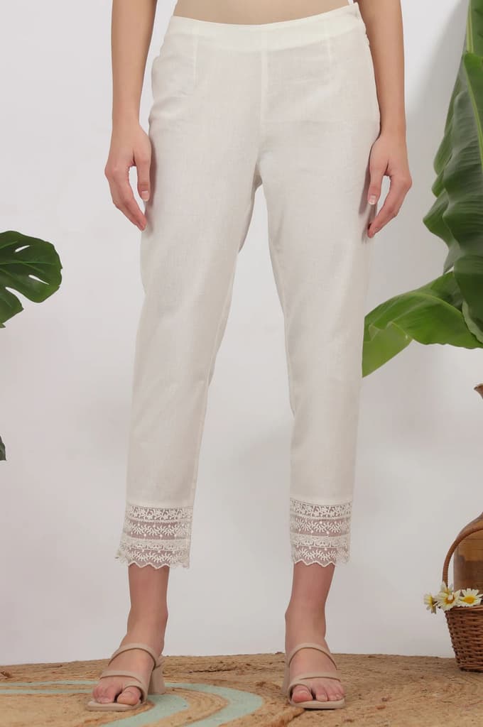 White Solid Cotton Flax Slim Pants with Lace — photo 2