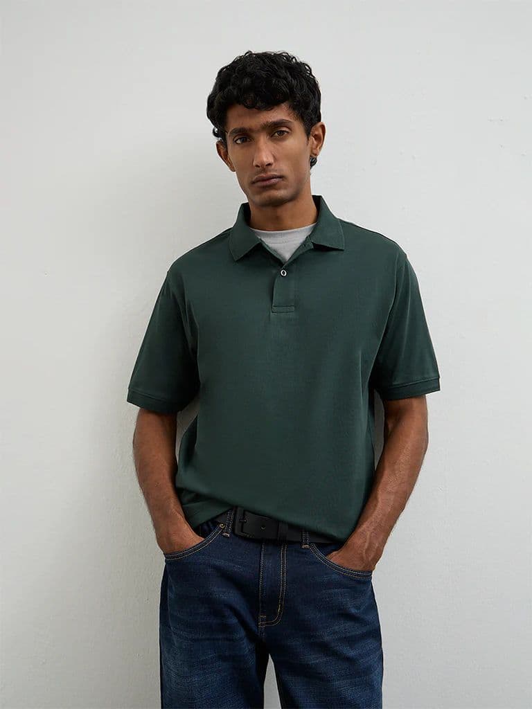 WES Casuals Dark Sage Relaxed-Fit Cotton Polo T-Shirt — photo 3