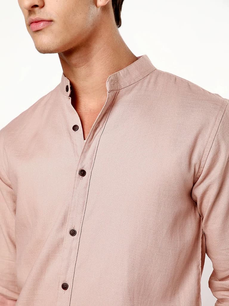 Men's Dusty Pink Linen Blend Full Sleeve Relaxed Fit Mandarin Collar Casual Solid Shirt — photo 5