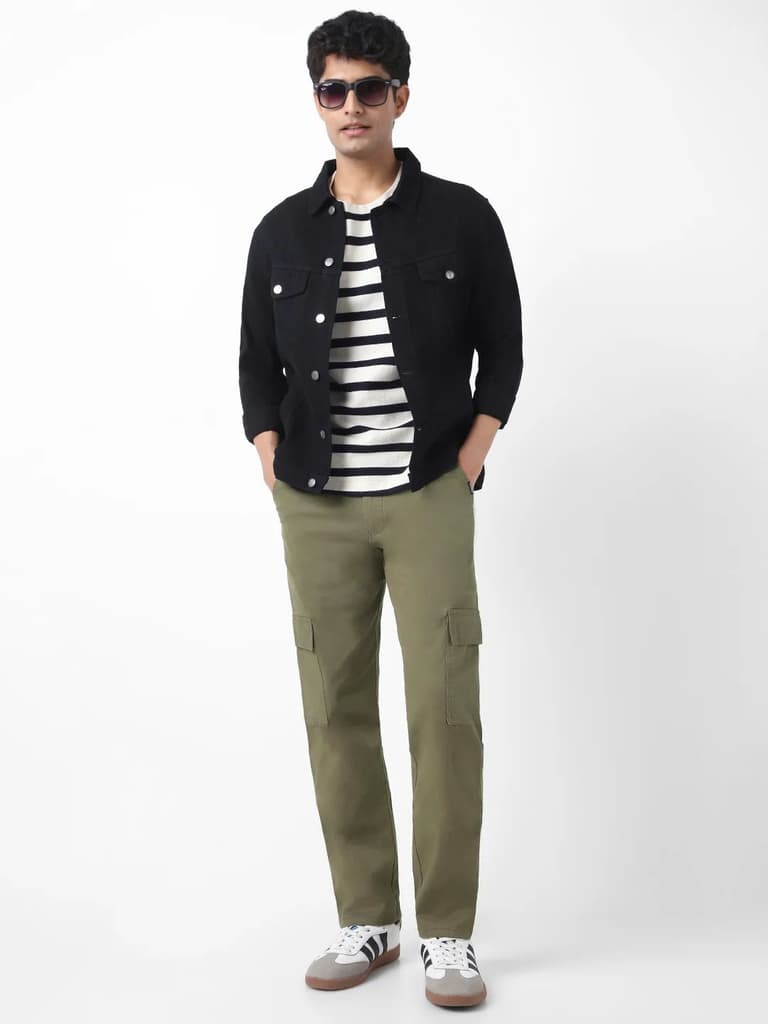 Men's Olive Regular Fit Solid Cargo Chino Pant with 6 Pockets Stretchable — photo 4