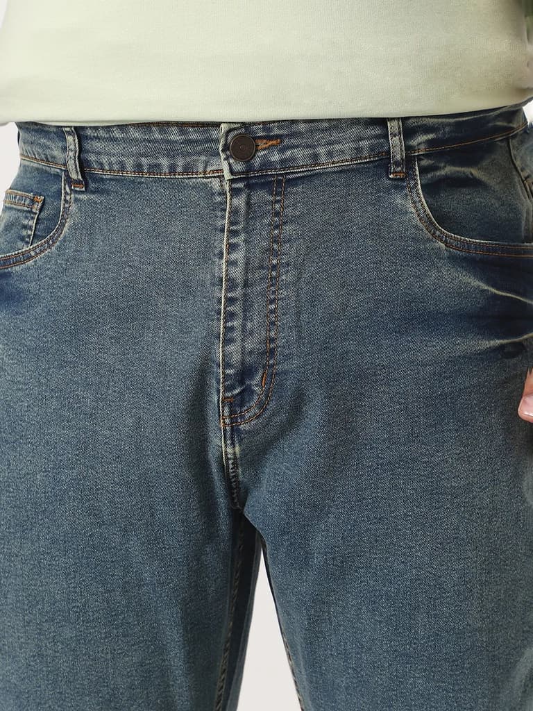 Plus Men's Light Blue Straight Fit Heavy Washed Jeans Stretchable — photo 5