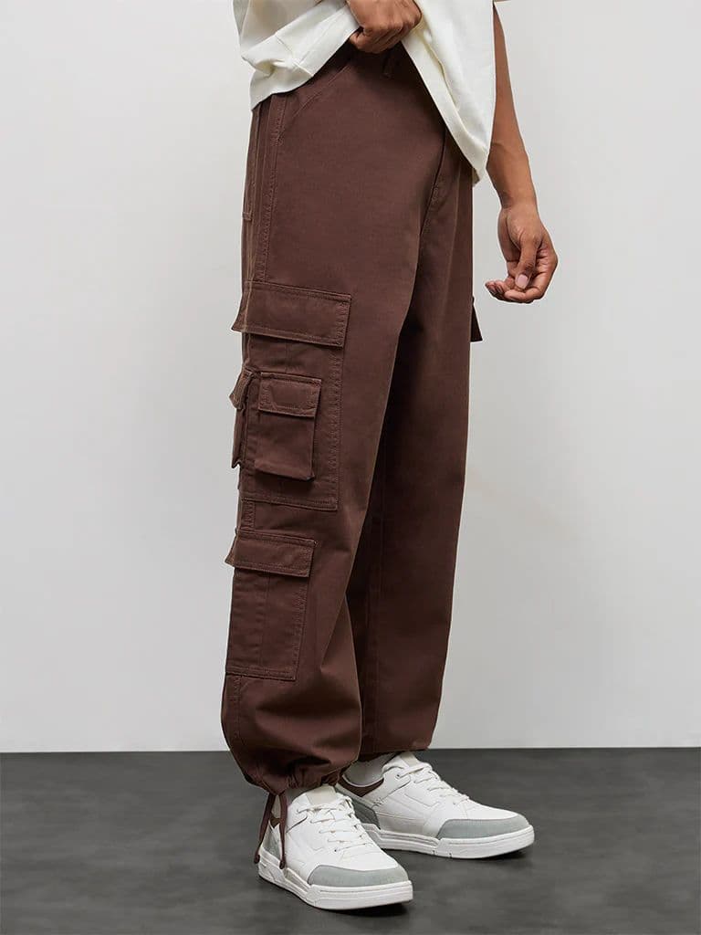 Nuon Brown Relaxed-Fit Mid-Rise Cotton Cargo Pants — photo 3