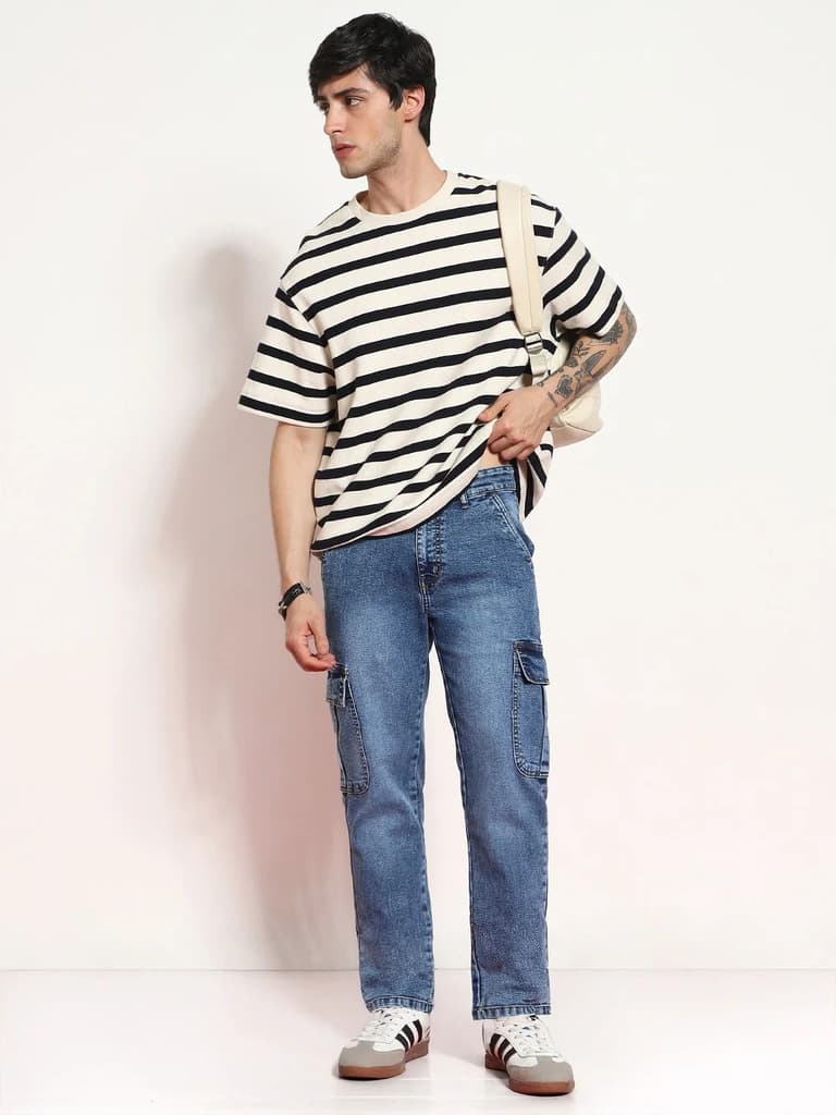 Men's Light Blue Regular Fit Washed Cargo Jeans With 6 Pockets Stretchable — photo 5