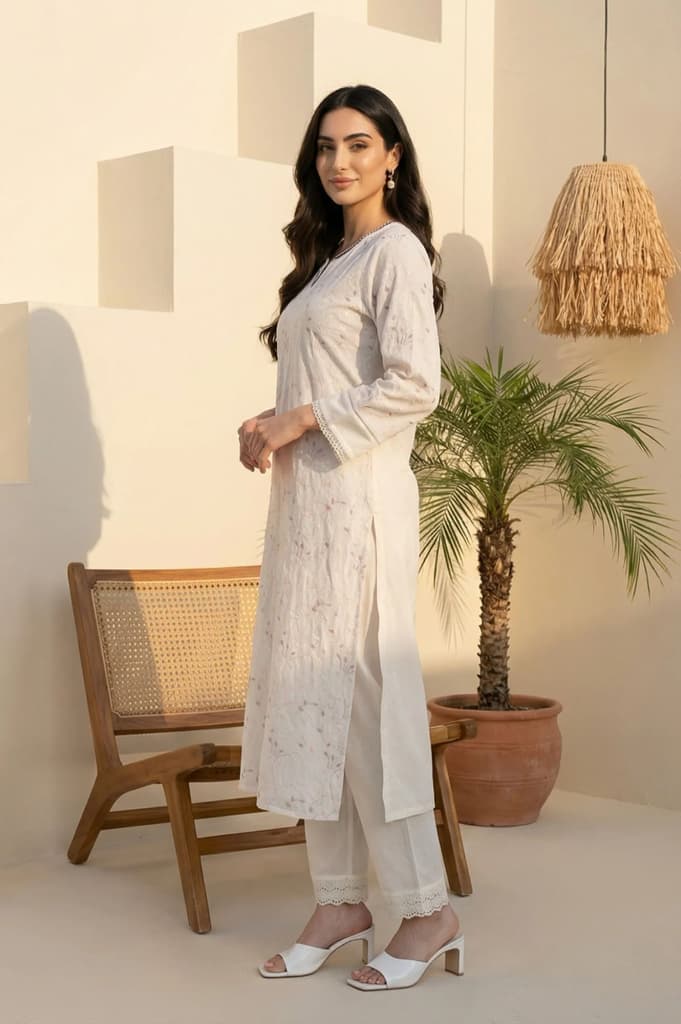White Chikankari Embroidered Sequins Pure Cotton Straight Kurta — photo 4