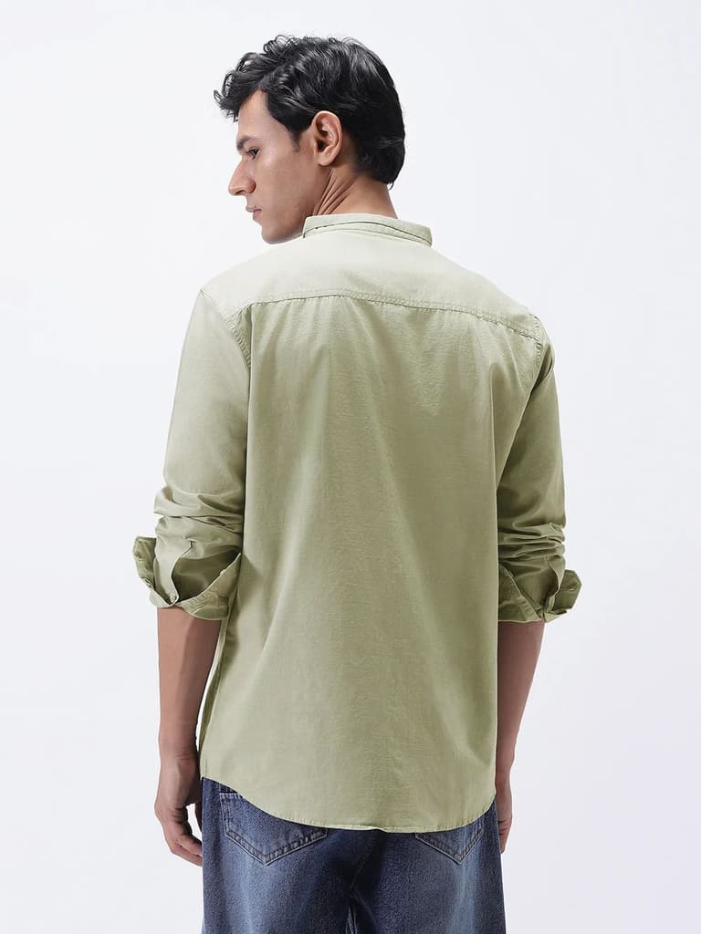 Men's Light Olive Cotton Full Sleeve Regular Fit Casual Solid Shirt with Band Collar — photo 3