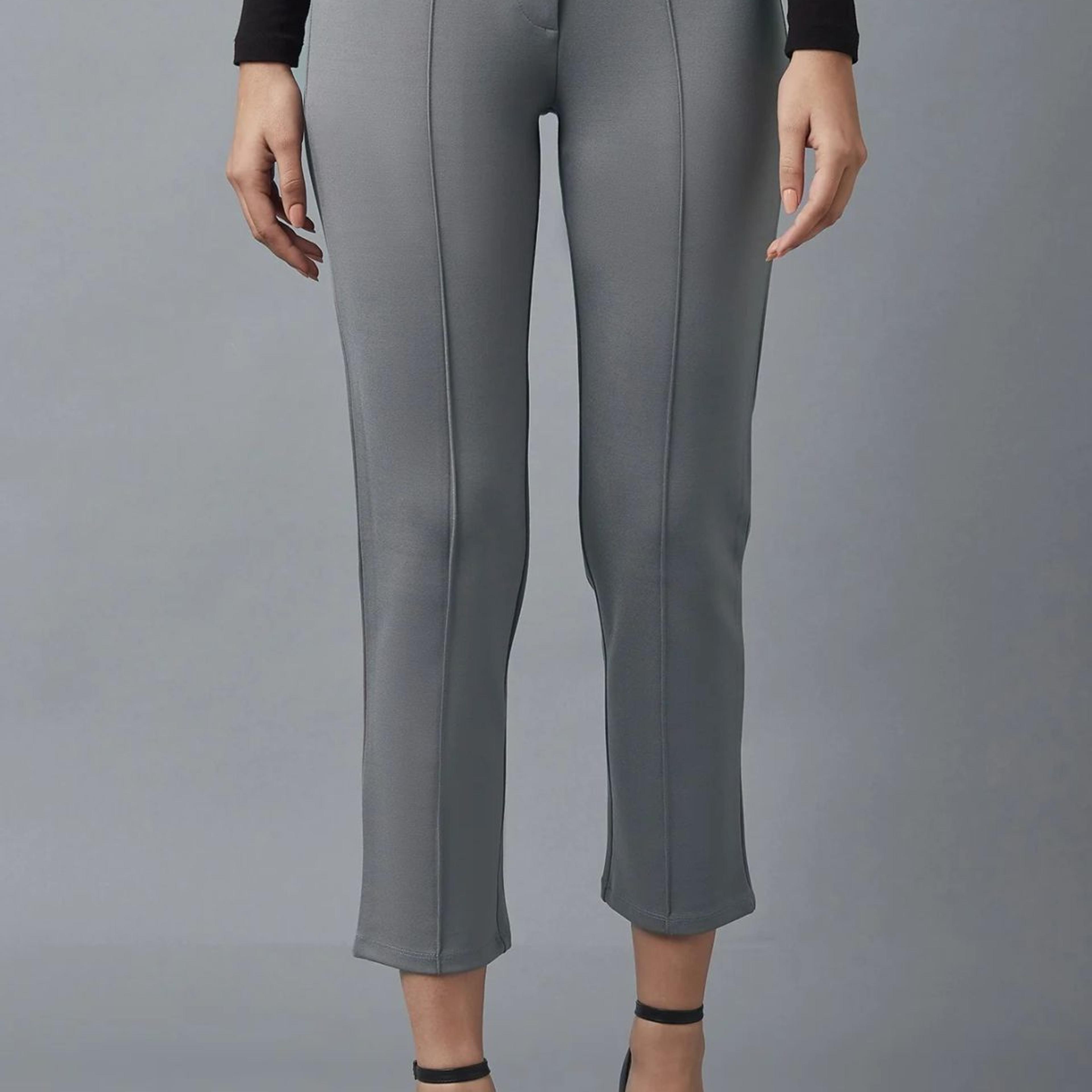 Grey Solid Straight Fit Trousers With Pintuck Detail