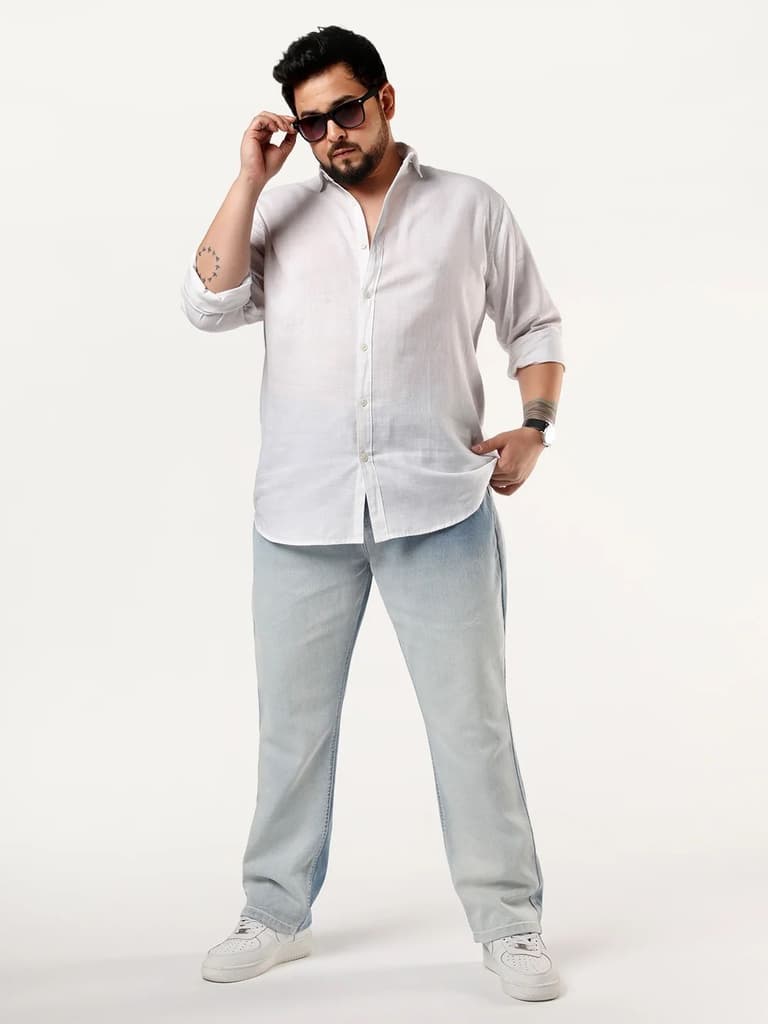 Plus Men's White Linen Blend Full Sleeve Relaxed Fit Casual Solid Shirt — photo 5