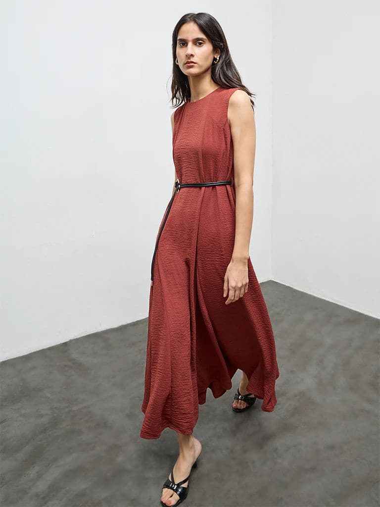Wardrobe Dark Rust Crinkle-Textured A-Line Dress with Belt — photo 2