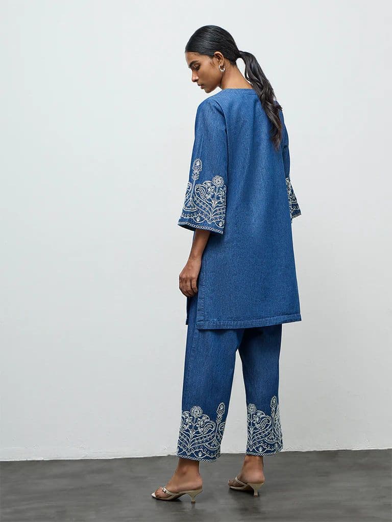 Utsa Indigo Floral Embroidered Denim A-Line Kurta — photo 4
