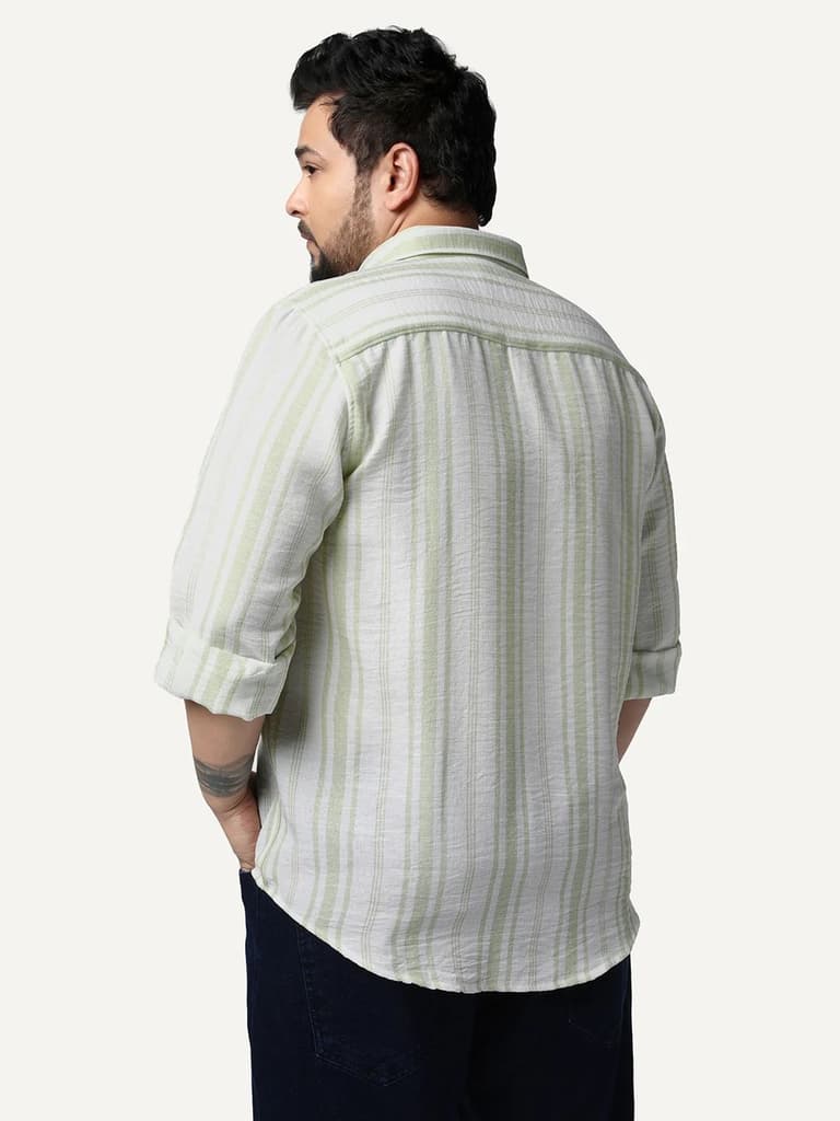 Plus Men's Light Green Cotton Full Sleeve Relaxed Fit Linen Striped Shirt with Spread Collar — photo 3