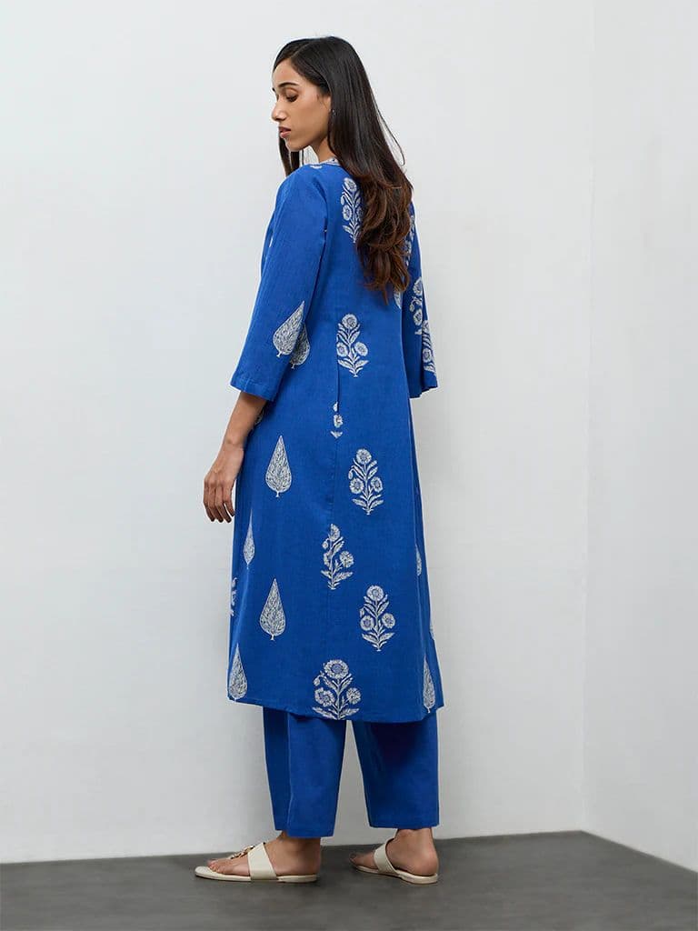 Utsa Indigo Floral Printed A-Line Cotton-Blend Kurta — photo 4