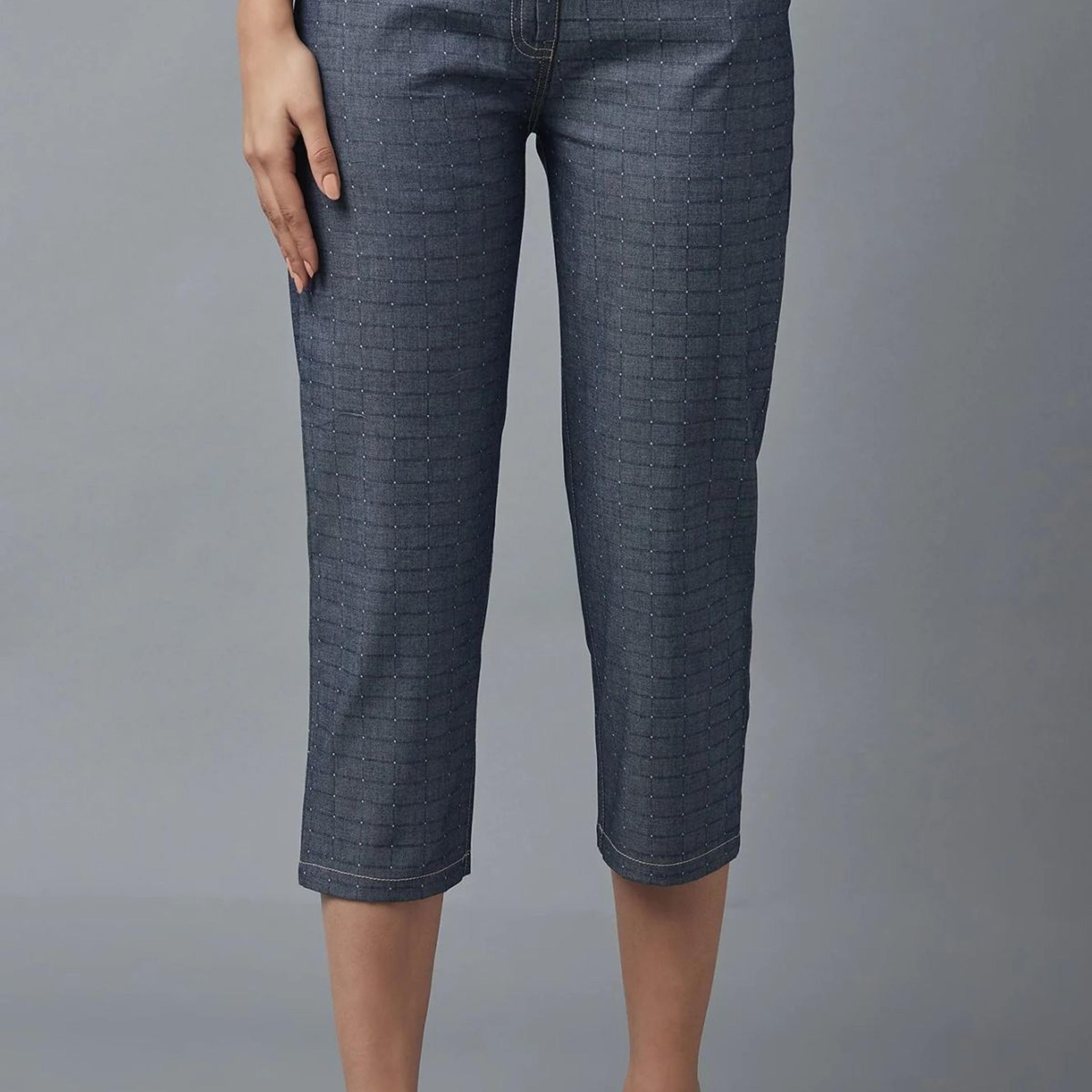 Blue Polka Dots Straight Fit Denim Culottes With Front Zip