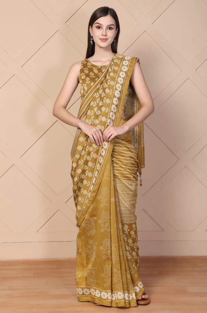 Mustard Tassels Cotton Silk Saree with Unstitched Blouse — FS