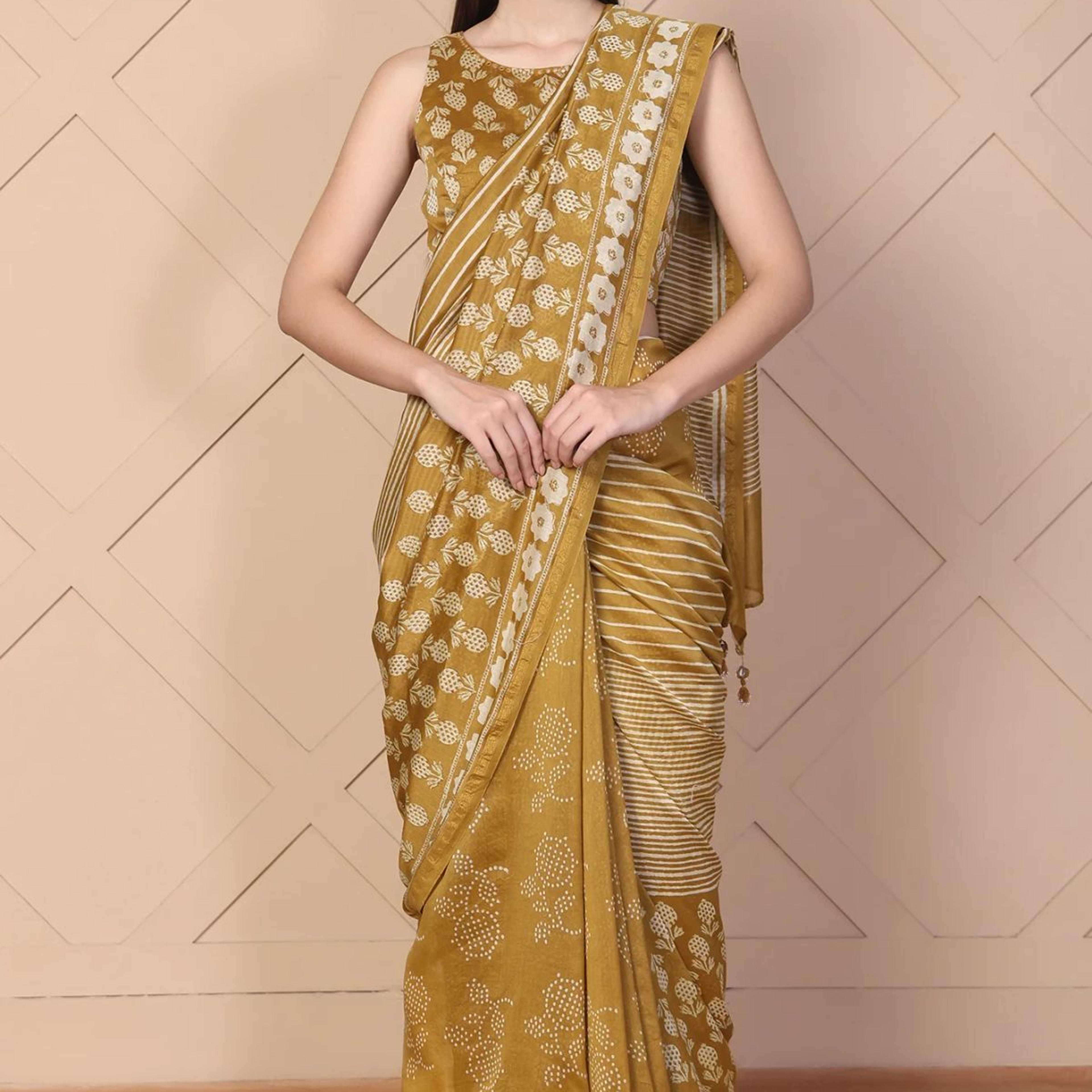 Mustard Tassels Cotton Silk Saree with Unstitched Blouse