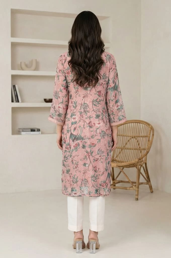 Pink Floral Printed Lace Chiffon Straight Kurta — photo 5