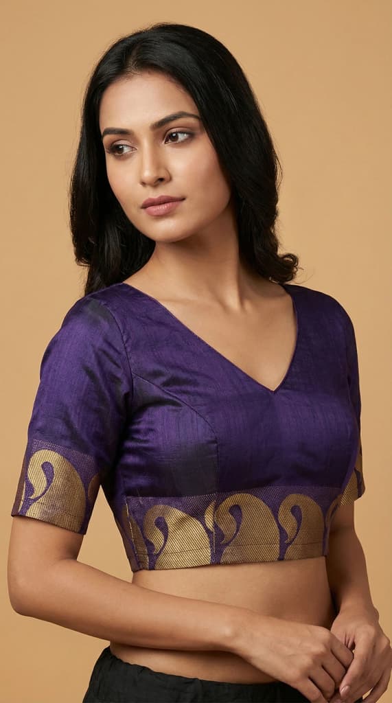 MIMOSA Women's Woven Design Banarasi Style Linen Saree with Blouse Piece - Navy ( SA00003151NVFREE ) — photo 5