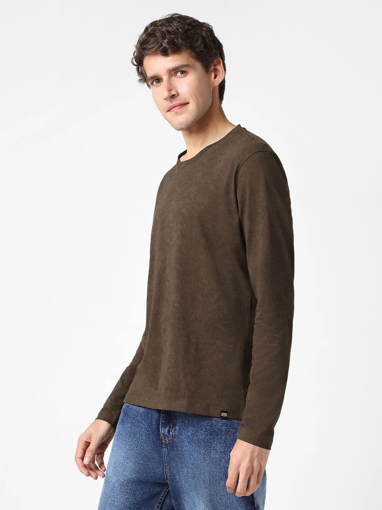 Men's Chicory Coffee Printed Full Sleeve Slim Fit Cotton T-Shirt — photo 3